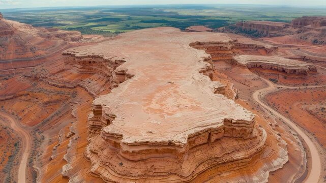 Aerial view vast flat mesa plateau with layered red rock canyons desert landscape erosion patterns at sunset