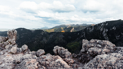 Fototapeta premium Panoramic view from the mountain peak, rock blocks in the foreground, endless forested ridges, autumn colors, concept of freedom, outdoor recreation and travel in the mountains.