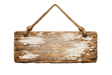 Blank rustic wooden sign hanging with rope, weathered wood plank with peeling white paint, vintage grunge texture, transparent background