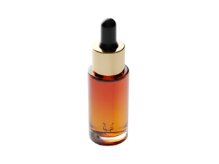 Amber Glass Dropper Bottle with Gold Cap on Black Background Isolated on Transparent Background 