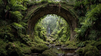 a bridge towards the most beautiful raw nature, view from inside the bridge, on the other side paradise nature with waterfall, streams 