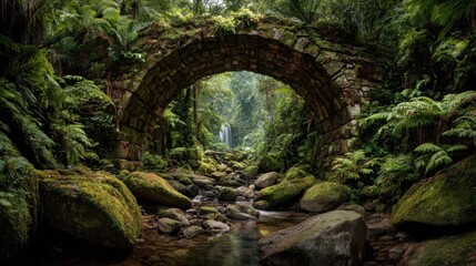a bridge towards the most beautiful raw nature, view from inside the bridge, on the other side paradise nature with waterfall, streams 