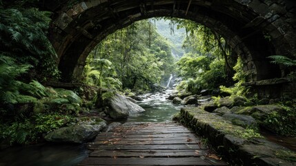 a bridge towards the most beautiful raw nature, view from inside the bridge, on the other side paradise nature with waterfall, streams 