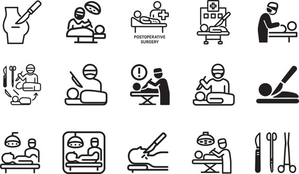 Surgery operation outline icon set for medical, healthcare, hospital, procedure, and treatment UI design.