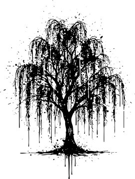 Stylized Black and White Weeping Willow Tree Ink Illustration