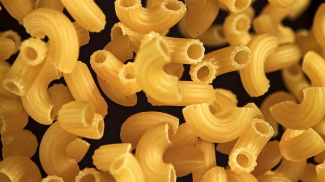 Super slow motion flying dry macaroni pasta . Filmed on a high-speed camera at 1000 fps. High quality FullHD footage