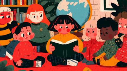 Multicultural Children Reading Together for International Mother Language Day Promoting Literacy, Inclusion, and Global Language Diversity