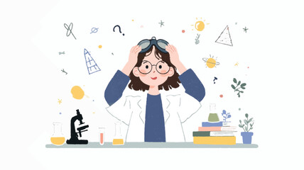 Cute girl scientist conducting experiment in modern laboratory classroom, women and girls in science education vector background
