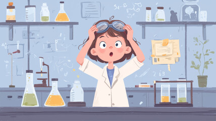 Cute girl scientist conducting experiment in modern laboratory classroom, women and girls in science education vector background