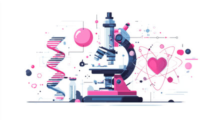 Modern science icons with microscope, DNA and medical symbols, women and girls in science education vector background