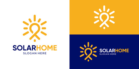 Fototapeta premium Creative simple solar home logo template. Sun with abstract home for Ecosource logo design vector illustration.