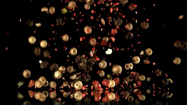Super slow motion peppercorn . Filmed on a high-speed camera at 1000 fps. High quality FullHD footage