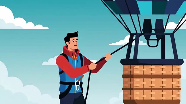 Animated Character Securing Hot Air Balloon Basket Against Sky With Clouds Cartoon Style