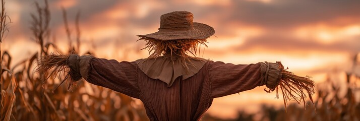 Scarecrow standing in cornfield at sunset protecting harvest. Scarecrow standing in a cornfield at sunset, a guardian for crops