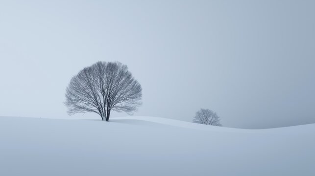 Winter landscape with single tree and snow-covered field. Minimalist winter scene showing bare trees in snow and empty sky creating solitude
