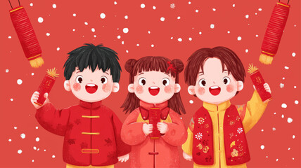Happy children in traditional Chinese outfits holding red envelopes celebrating Lunar New Year 2026 festive vector background