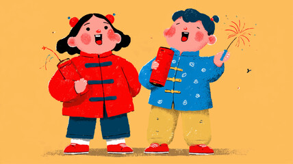 Cheerful children with firecrackers and red envelopes celebrating Lunar New Year 2026 in colorful festive vector illustration