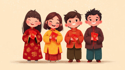 Happy children in traditional Chinese outfits holding red envelopes celebrating Lunar New Year 2026 festive vector background