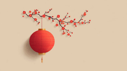 Minimal red lantern with cherry blossom branch symbolizing Lunar New Year 2026 elegant festive vector background design