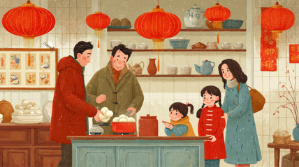Chinese family preparing dumplings under red lanterns celebrating Lunar New Year 2026 warm festive vector illustration