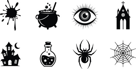 Halloween spooky silhouette icon set, witch cauldron potion eye spider web haunted house church symbols, horror magic theme, black vector illustration © Ideasy Mind