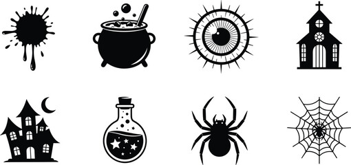 Halloween spooky silhouette icon set, witch cauldron potion spider web haunted house church symbols, horror magic theme, black vector illustration © Ideasy Mind