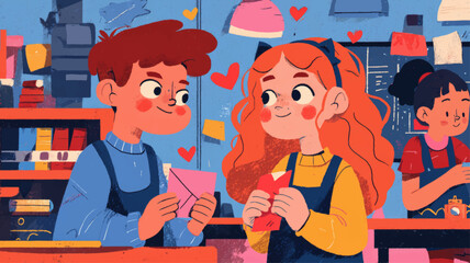 Cute teenage students exchanging Valentine cards in classroom, innocent first love illustration for youth romance and education themes