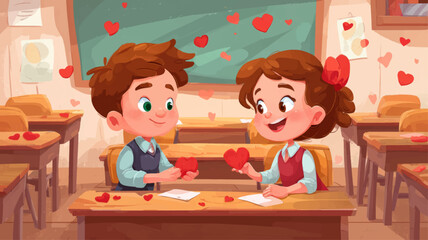 Happy children exchanging paper hearts in classroom, playful Valentine&rsquo;s Day illustration celebrating friendship, kindness, and childhood emotions