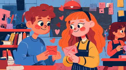 Cute teenage students exchanging Valentine cards in classroom, innocent first love illustration for youth romance and education themes