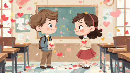 Happy children exchanging paper hearts in classroom, playful Valentine&rsquo;s Day illustration celebrating friendship, kindness, and childhood emotions