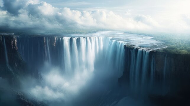 Majestic Waterfall Cascading Over Cliff Edge, Dramatic Landscape, Misty Scene.