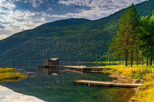 view of the idyllic Soria Moria Sauna building on Lake Bandak in Dalen