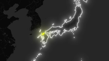 Japan Map Animation with Fukuoka Map on Dark Map Background - Powered by Adobe