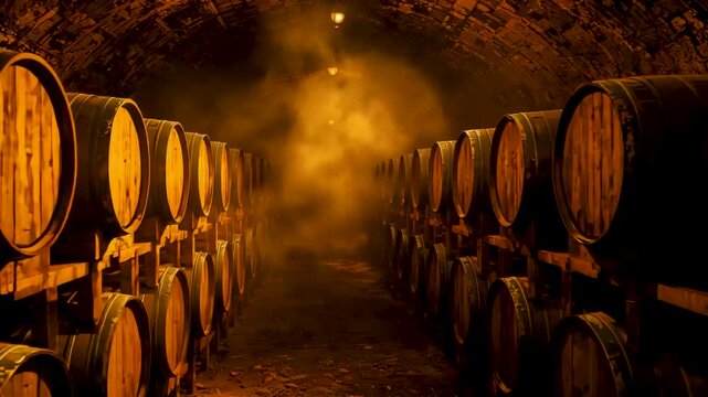Mysterious wine cellar tunnel with rows of oak barrels shrouded in thick golden fog under dim overhead lights