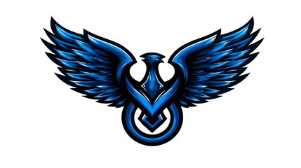 Powerful blue winged mythical bird emblem. Dynamic phoenix or eagle vector design with spread wings, representing strength and freedom.
