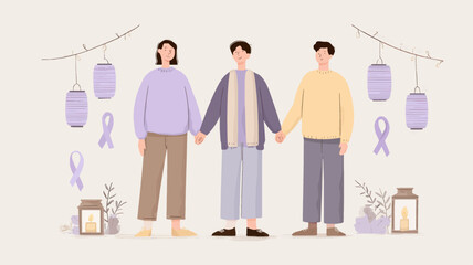 World Cancer Day awareness illustration showing people holding hands with purple ribbons in calm supportive healthcare campaign design