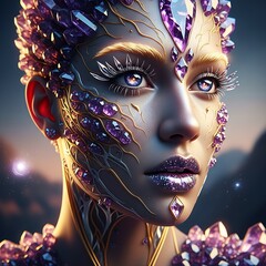 Ultra-detailed surreal portrait with crystal-like textures, glossy highlights, expressive eyes, artistic photography