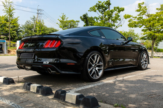 June 5, 2021, Seoul, South Korea - Black Ford Mustang GT 6th generation sports car parked outdoors