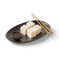 Tofu cubes on black plate with chopsticks and soy sauce