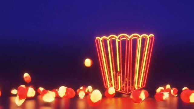 A glowing neon retro popcorn bucket erupting with vibrant orange kernels that float like capsules in a dark vaporwave setting. Neon 3D animation style.