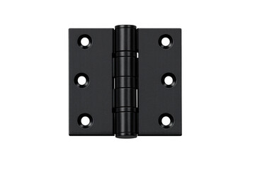 Obraz premium Black matte metal butt hinge presenting eight screw holes and a central pin element, isolated with transparent background