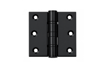 Black matte metal butt hinge presenting eight screw holes and a central pin element, isolated with transparent background