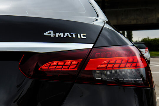 June 23, 2021, Seoul, South Korea - Rear view of a black Mercedes-Benz E300e with 4MATIC emblem and taillight