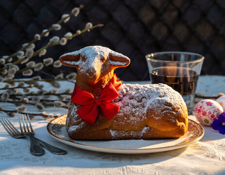 Osterlammkuchen mit roter Schleife &ndash; festliches Oster-Werbemotiv