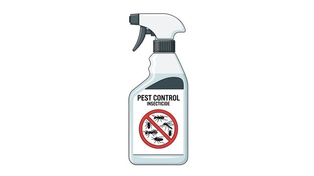 A bottle of pest control insecticide with a warning symbol indicating danger to insects like ants and flies.