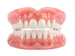 Obraz premium Complete Dentures: Upper and Lower Prosthetic Teeth and Gums On White Background