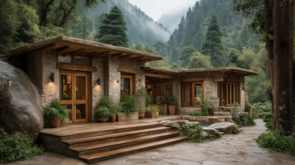 A rustic stone lodge nestled in lush forest, featuring wooden accents, large windows, potted plants, and stone steps. Tranquil, atmospheric retreat framed by towering pines and a light mountain mist.