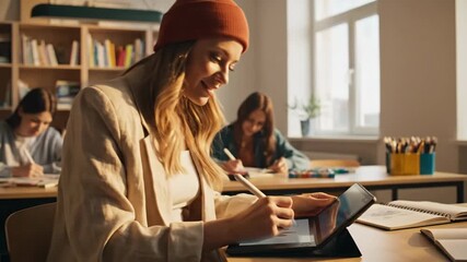 Young Woman Artist Designing on Tablet in Bright Classroom Setting