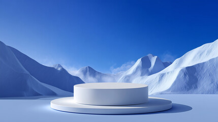A clean white circular podium sits on a snow-covered surface with towering blue mountains and a clear sky in the background. Ideal for stage, product display, or branding mockups and winter campaigns.