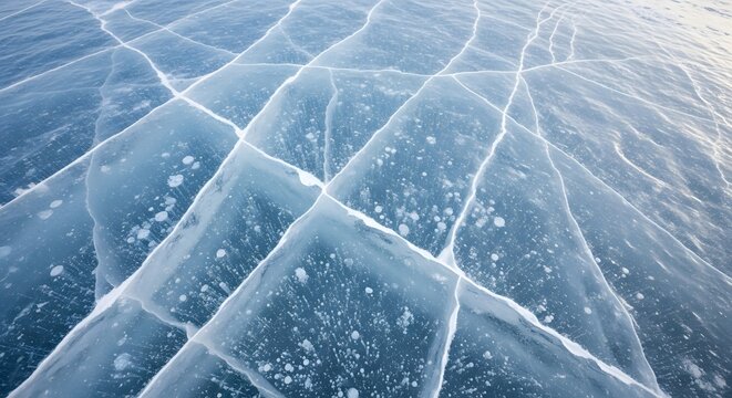 Close-up view of fractured blue ice surface with trapped air bub